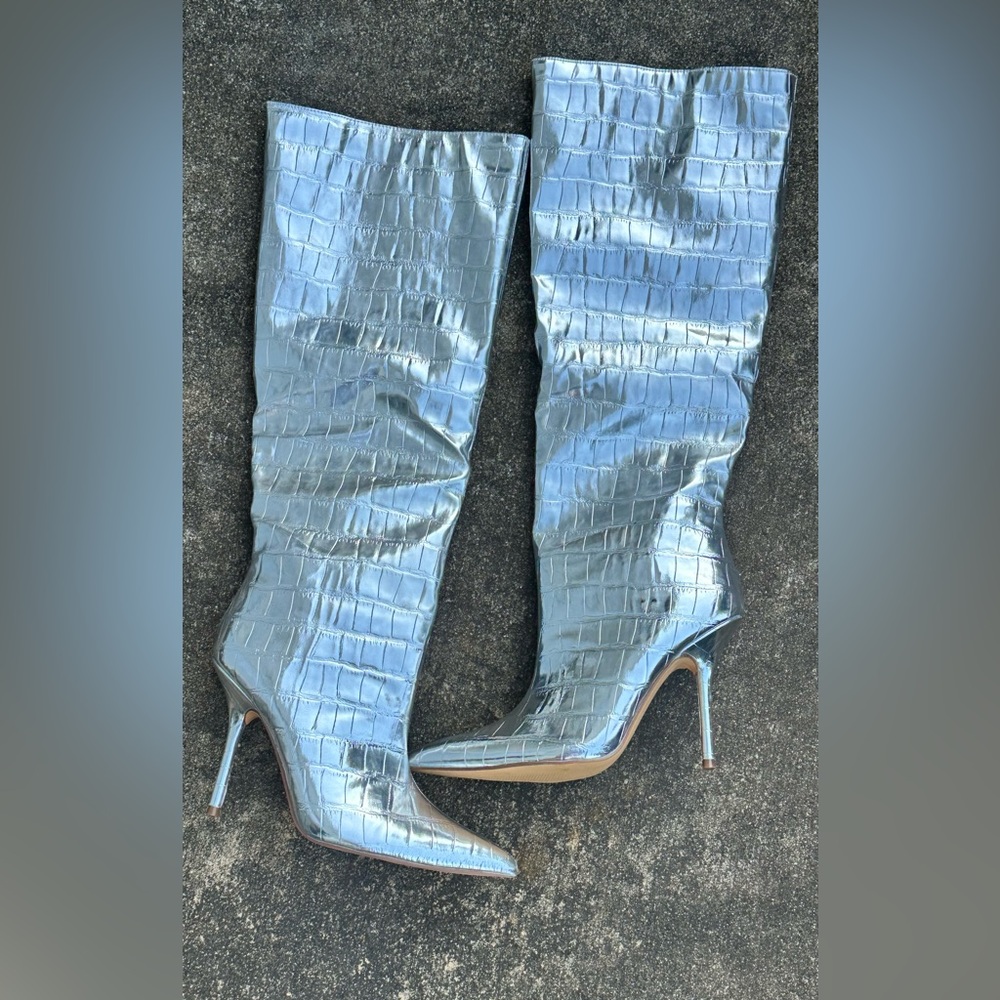 Shiny Silver Croc-Embossed Knee-High Boots